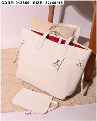 013650 — White embossed tote with matching pouch front, 32 × 48 × 15 (White)