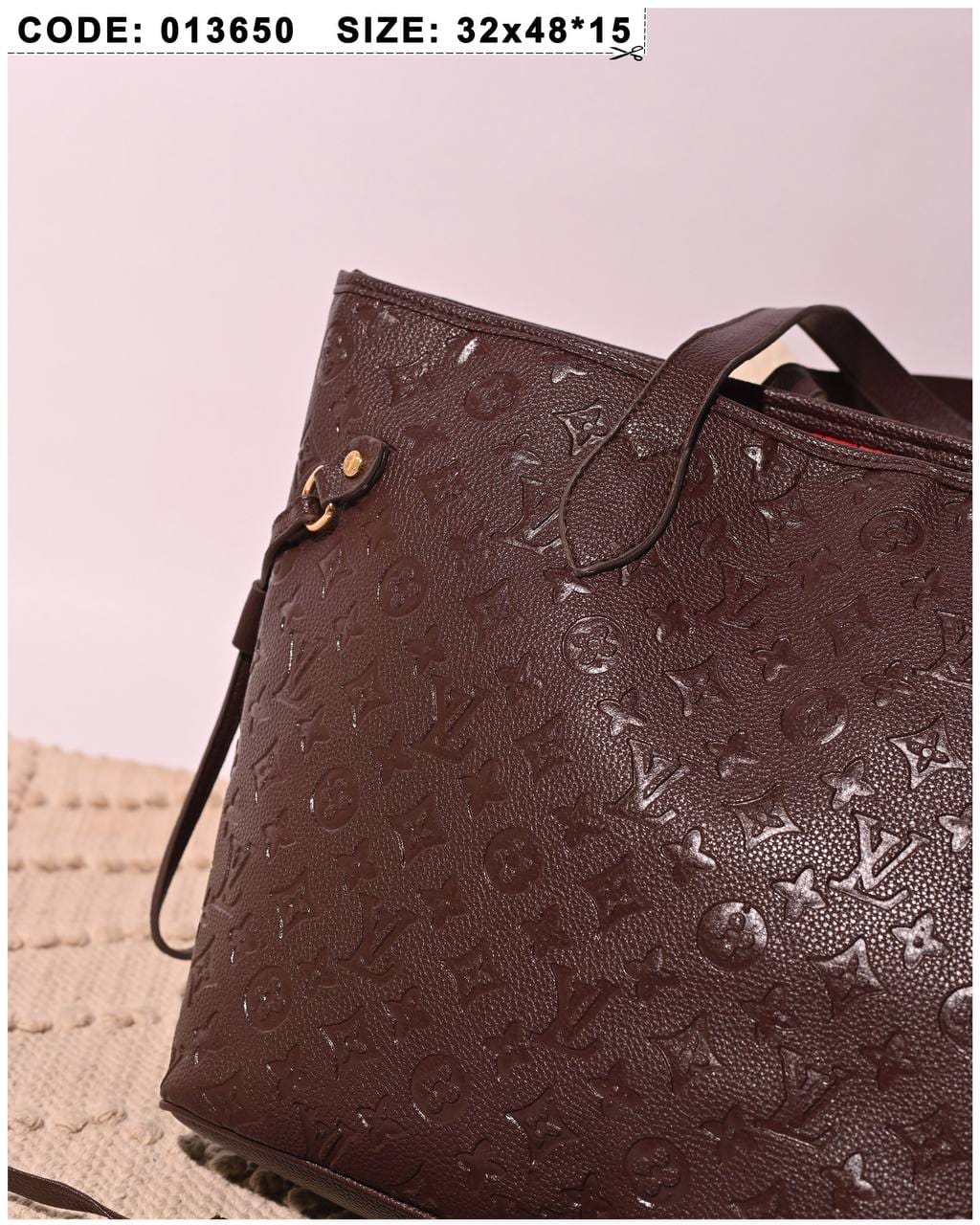 013650 — Brown embossed tote with matching pouch detail, 32 × 48 × 15 (Brown)