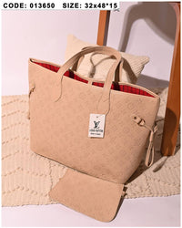 013650 — Beige embossed tote with matching pouch front, 32 × 48 × 15 (Beige)