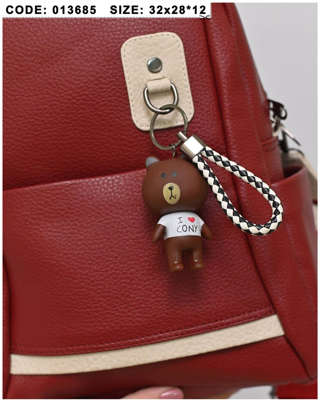 013685 — Red bear-charm backpack detail, 32 × 28 × 12 (Red)