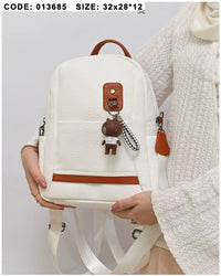 013685 — White bear-charm backpack front, 32 × 28 × 12 (White)