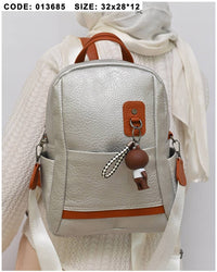 013685 — Silver bear-charm backpack front, 32 × 28 × 12 (Silver)