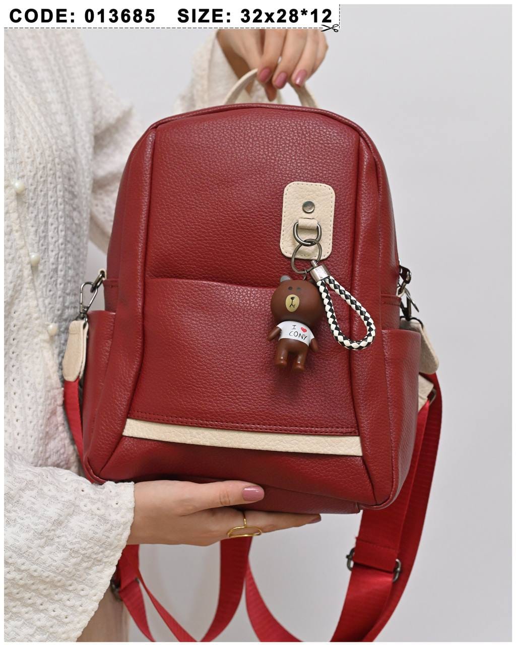 013685 — Red bear-charm backpack front, 32 × 28 × 12 (Red)