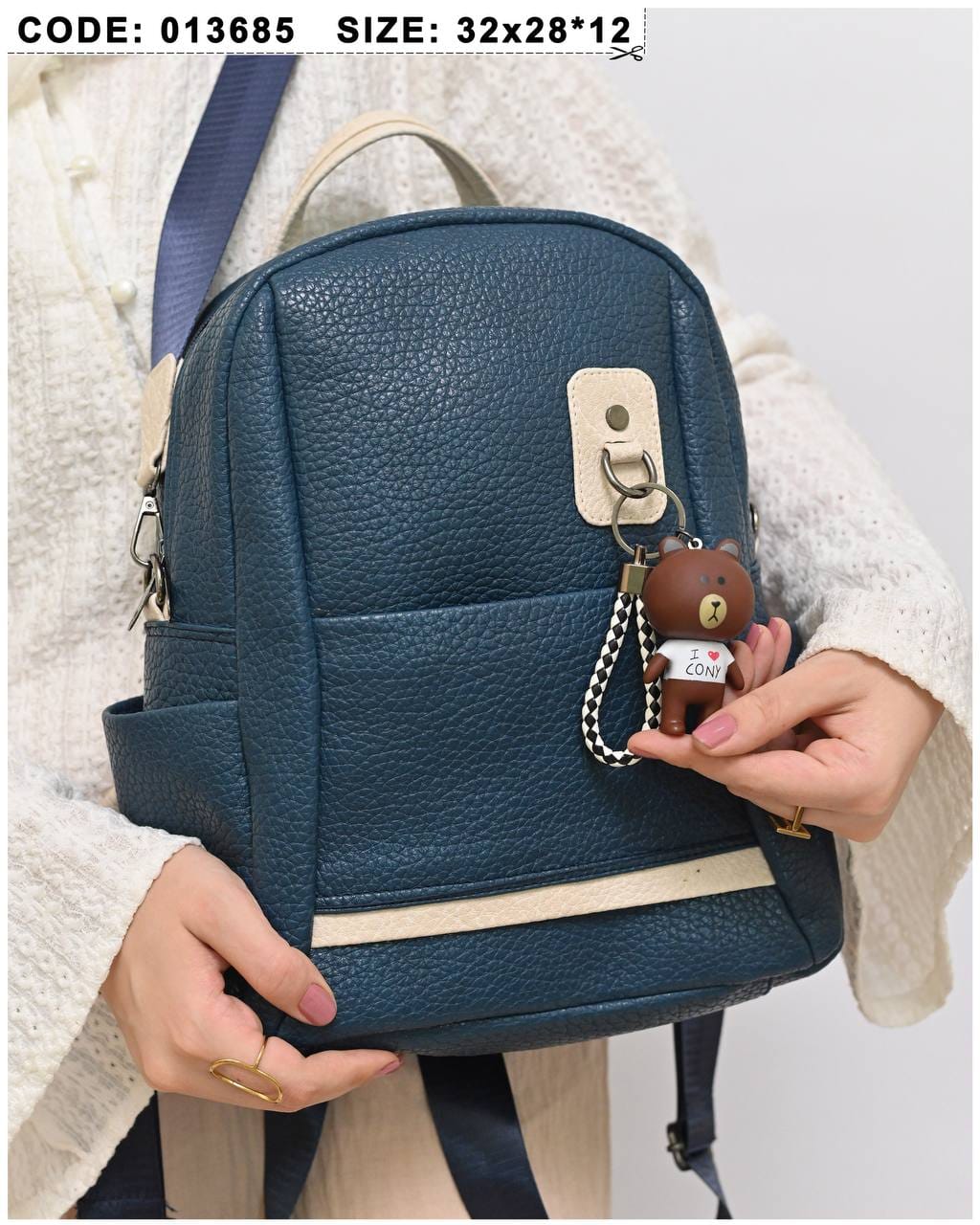 013685 — Navy bear-charm backpack front, 32 × 28 × 12 (Navy)