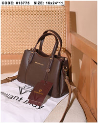 013775 — Brown structured leaf-detail handbag front, 16 × 24 × 11 (Brown)