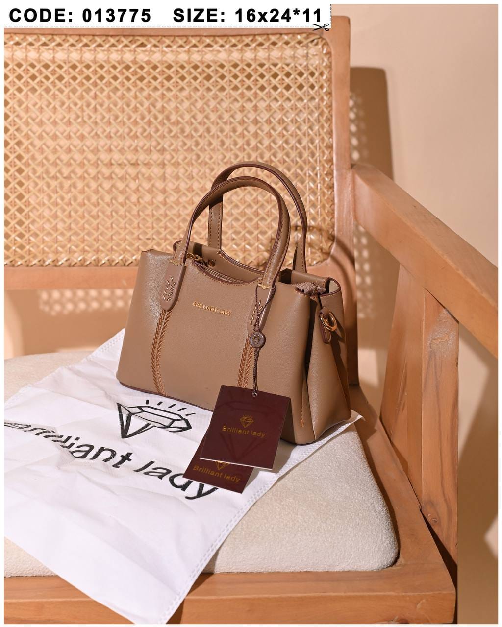 013775 — Taupe structured leaf-detail handbag front, 16 × 24 × 11 (Taupe)