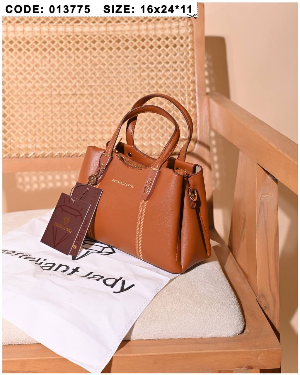 013775 — Tan structured leaf-detail handbag front, 16 × 24 × 11 (Tan)