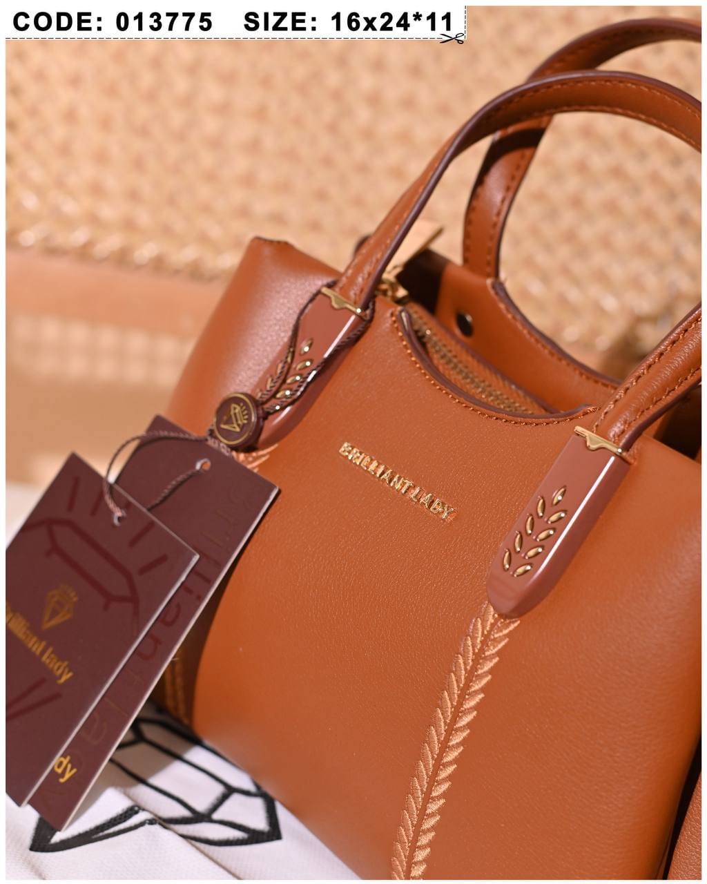 013775 — Tan structured leaf-detail handbag detail, 16 × 24 × 11 (Tan)