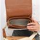 013810 — Beige and Tan rounded flap crossbody bag interior, 15 × 23 × 8 (Beige and Tan)