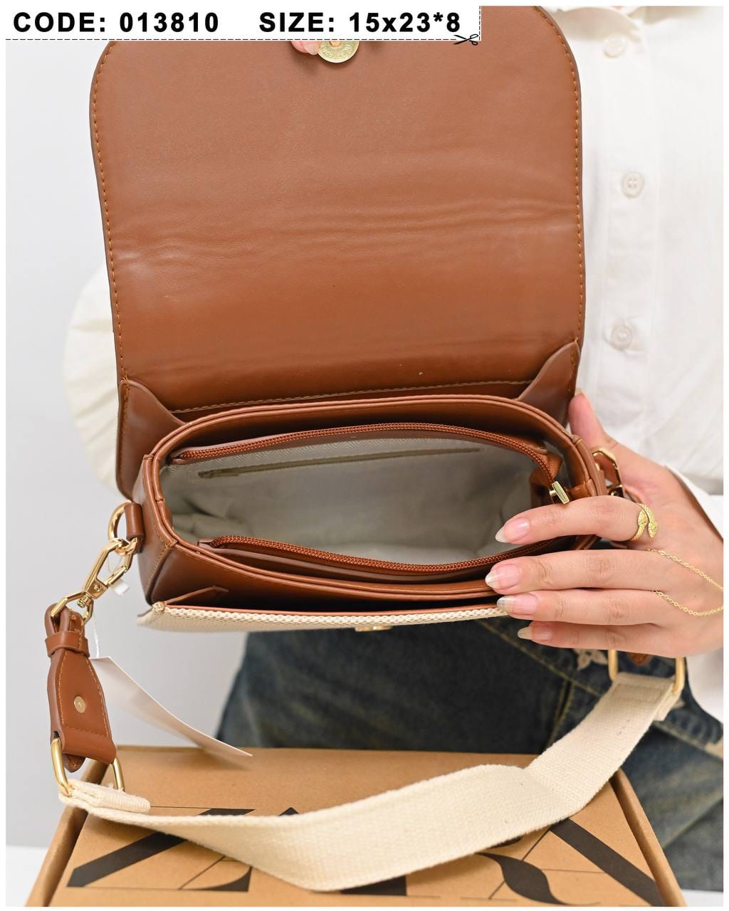 013810 — Beige and Tan rounded flap crossbody bag interior, 15 × 23 × 8 (Beige and Tan)
