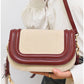 013810 — Beige and Burgundy rounded flap crossbody bag detail, 15 × 23 × 8 (Beige and Burgundy)