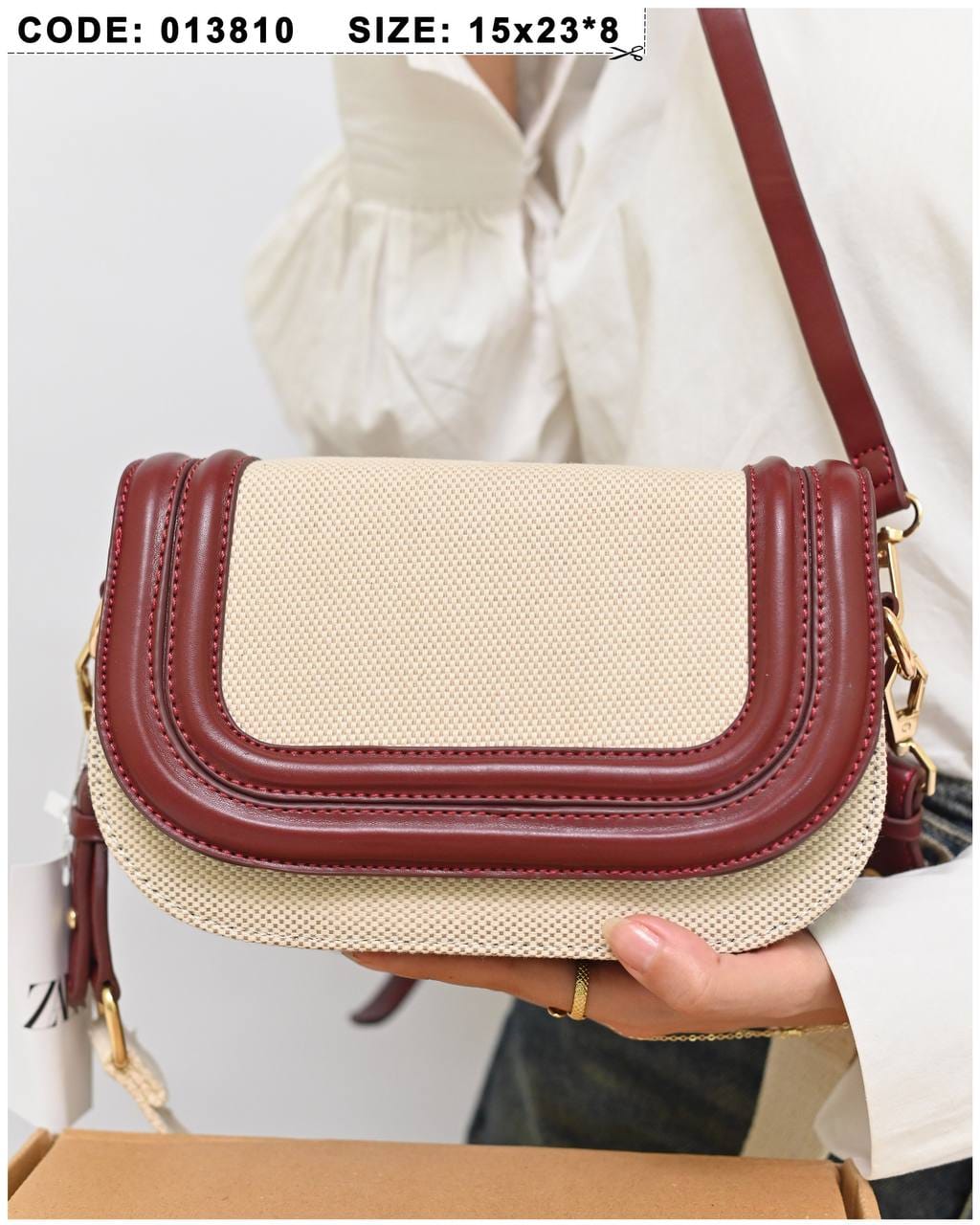 013810 — Beige and Burgundy rounded flap crossbody bag detail, 15 × 23 × 8 (Beige and Burgundy)