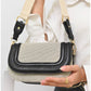 013810 — Beige and Black rounded flap crossbody bag detail, 15 × 23 × 8 (Beige and Black)