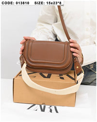 013810 — Brown rounded flap crossbody bag front, 15 × 23 × 8 (Brown)