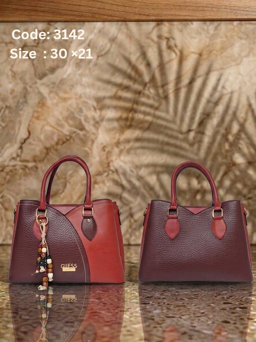 3142 — Burgundy curved panel handbag front and back, 30 × 21 (Burgundy)