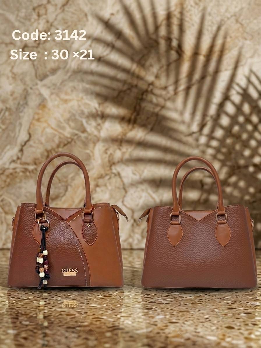 3142 — Brown curved panel handbag front and back, 30 × 21 (Brown)