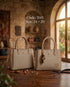 3145 — Beige woven look handbag front and back, 24 × 20 (Beige)