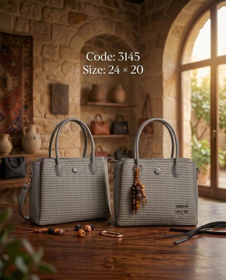 3145 — Grey woven look handbag front and back, 24 × 20 (Grey)
