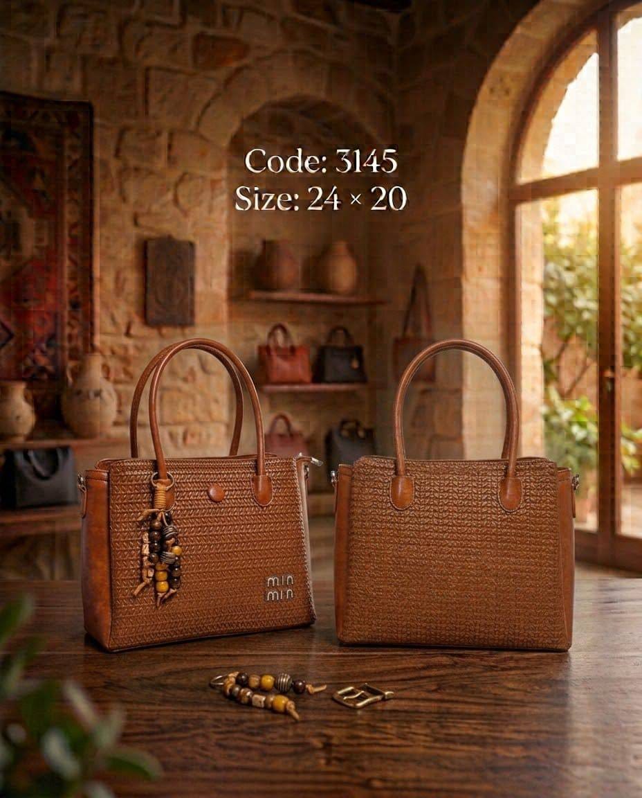 3145 — Tan woven look handbag front and back, 24 × 20 (Tan)