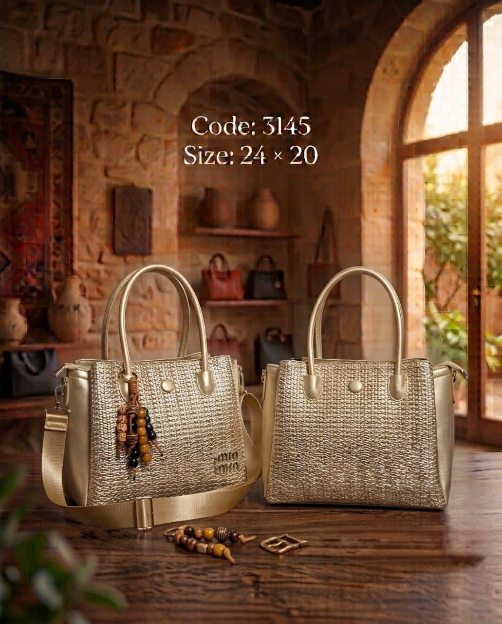 3145 — Gold woven look handbag front and back, 24 × 20 (Gold)