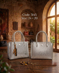 3145 — Silver woven look handbag front and back, 24 × 20 (Silver)