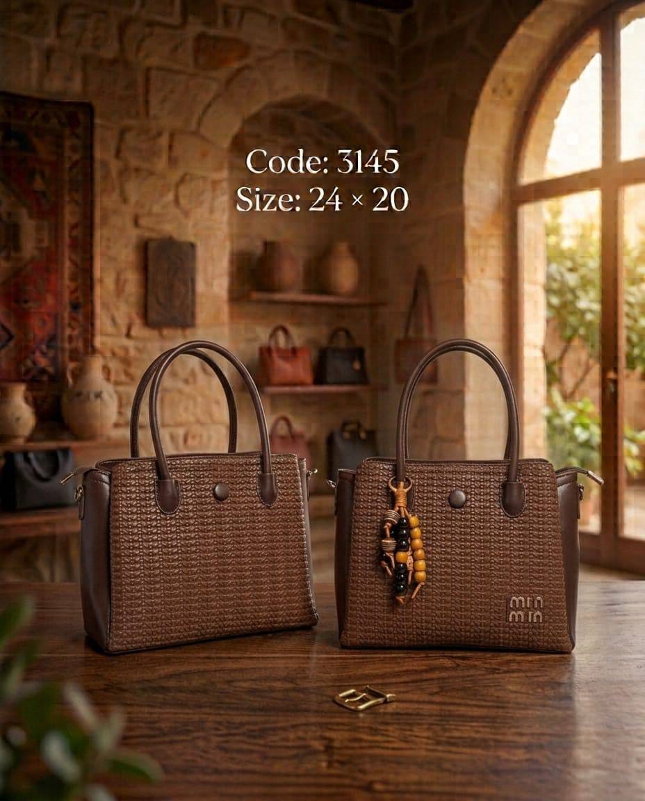 3145 — Brown woven look handbag front and back, 24 × 20 (Brown)
