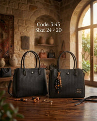 3145 — Black woven look handbag front and back, 24 × 20 (Black)