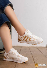 5265 — White / Camel contrast stripe lace-up sneakers side view, 37, 38, 39, 40, 41 (White / Camel)