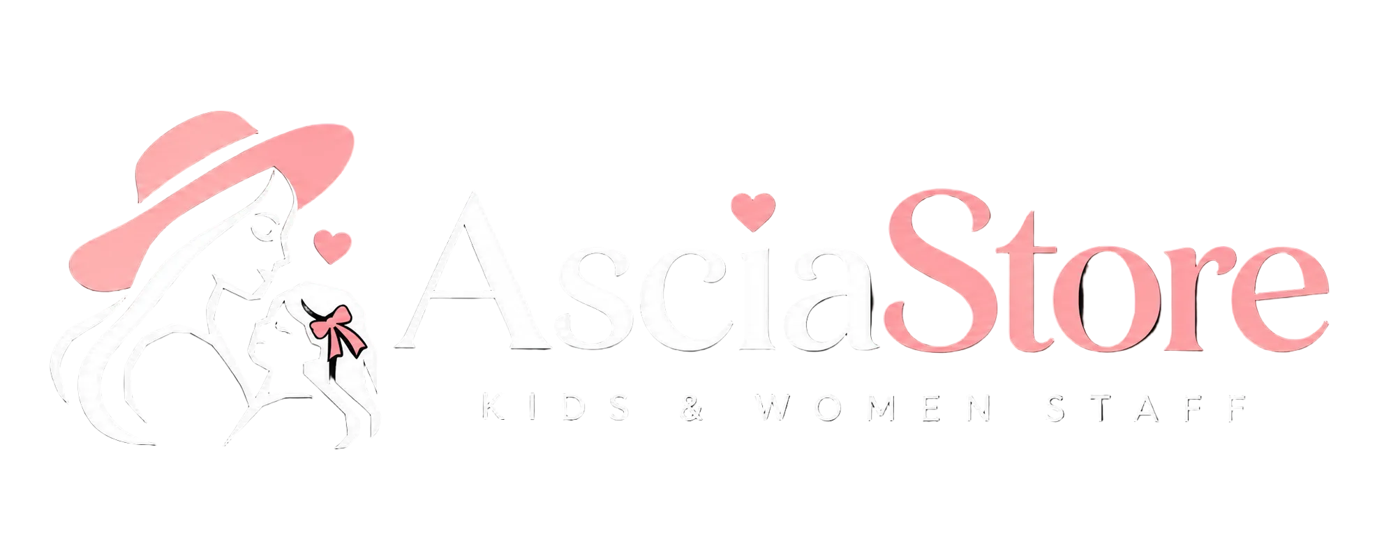 A black background with a logo reading 'AsciaStore' in white and pink, plus the text 'KIDS & WOMEN STAFF' below. On the left is a stylized illustration of a woman in a pink hat holding a baby with a pink bow, all in white and pink.