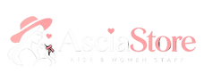 A black background with a logo reading 'AsciaStore' in white and pink, plus the text 'KIDS & WOMEN STAFF' below. On the left is a stylized illustration of a woman in a pink hat holding a baby with a pink bow, all in white and pink.