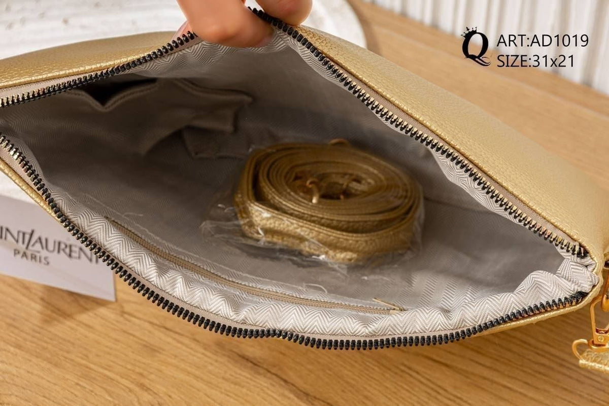 AD1019 — Gold zip top clutch bag interior, 31 × 21 (Gold)