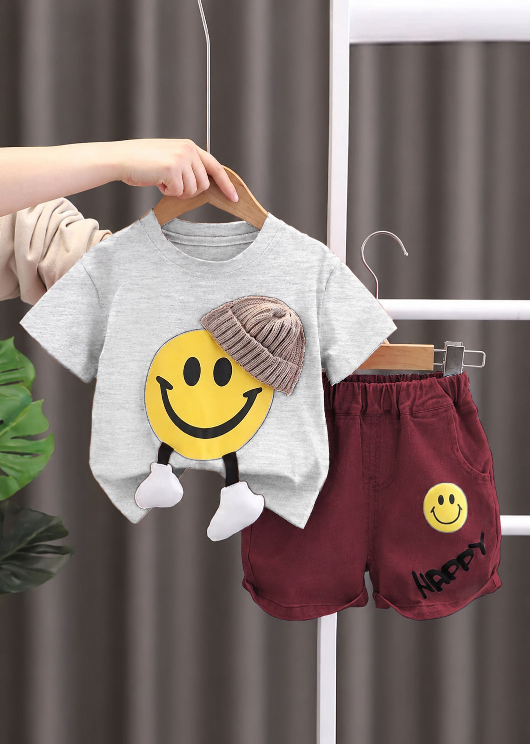 Happy Days Shorts Set — Grey & Berry