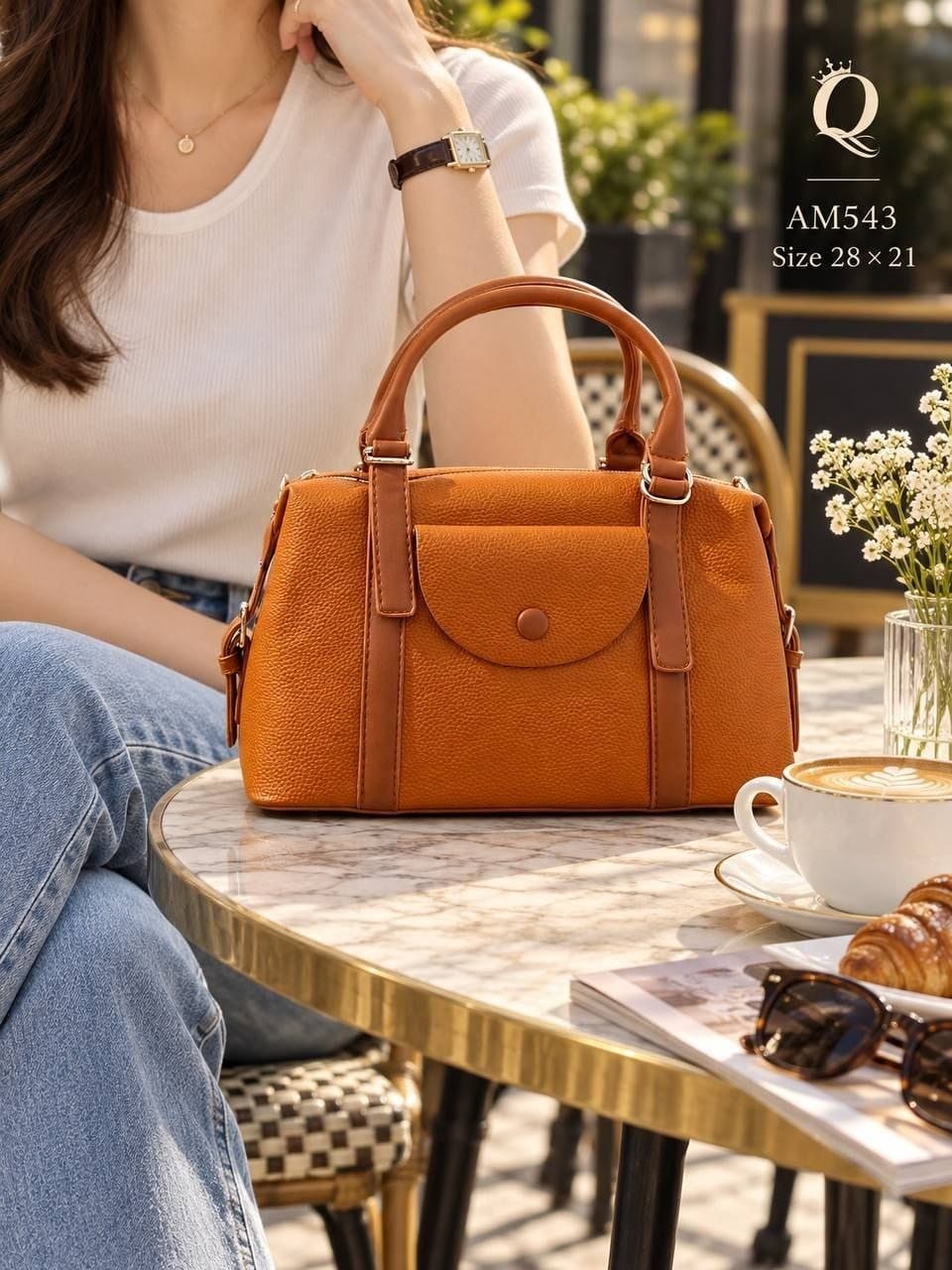 AM543 — Tan front-pocket handbag front, 28 × 21 (Tan)