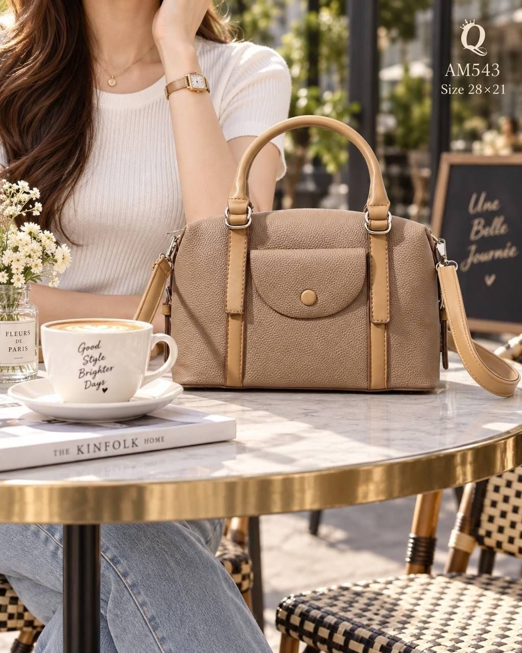 AM543 — Taupe Tan front-pocket handbag front, 28 × 21 (Taupe Tan)