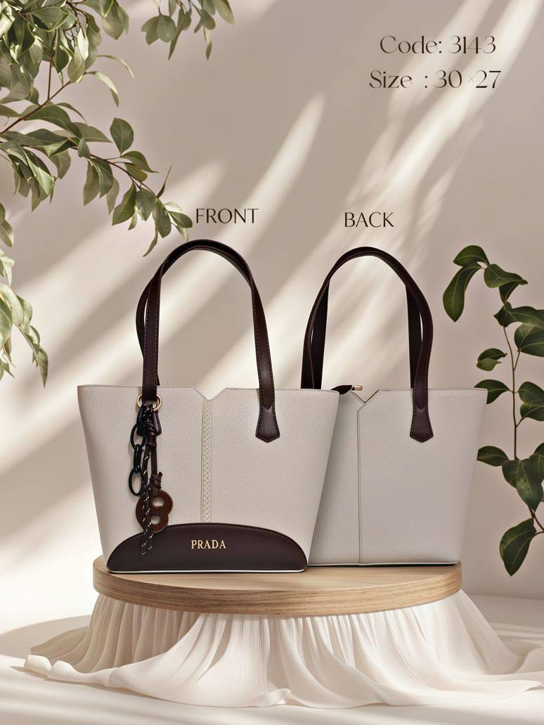Contrast Trim Tote Bag – 3143 (Cream / Brown)