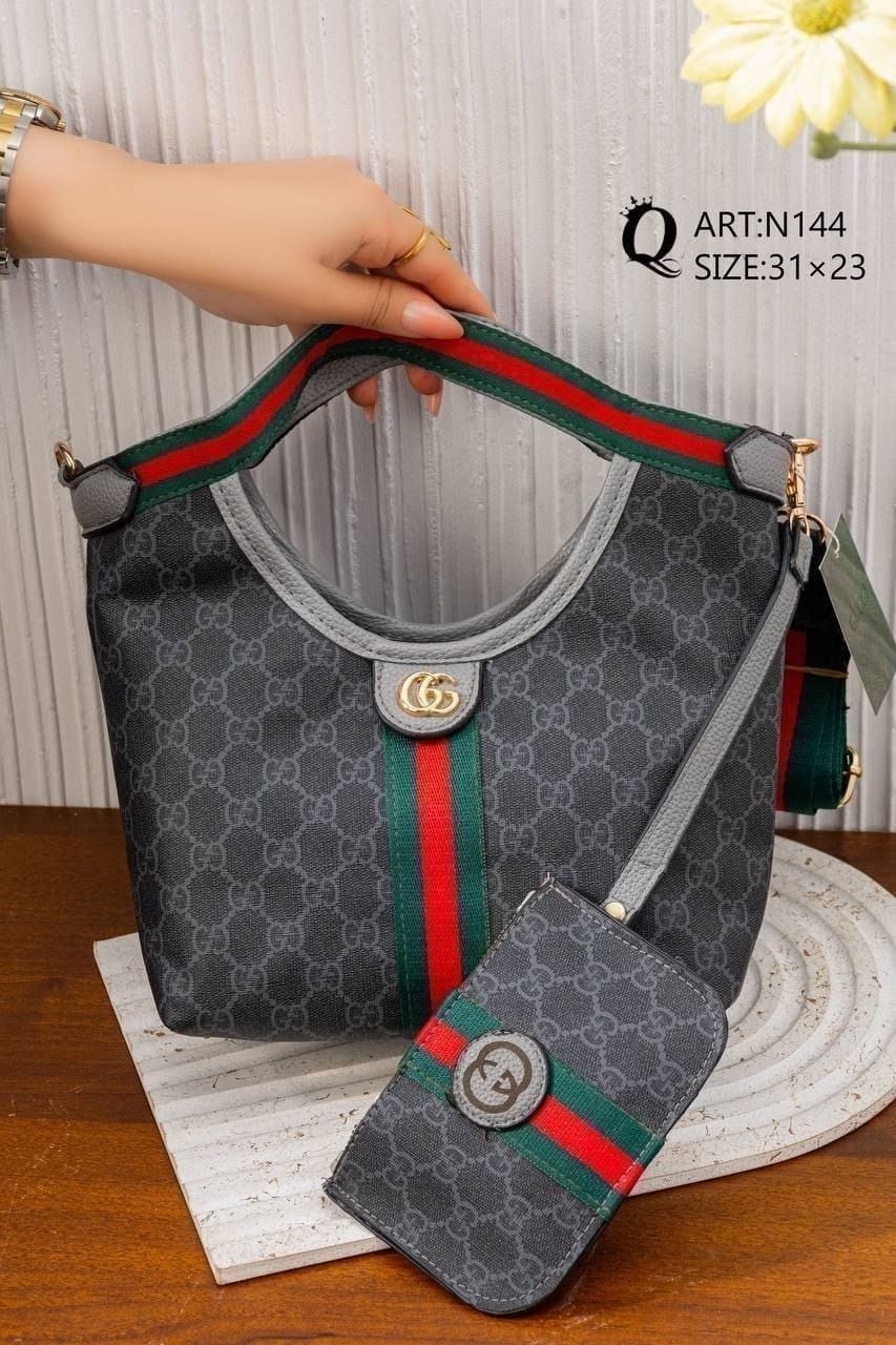 Striped Patterned Shoulder Bag – N144 (Black / Grey)