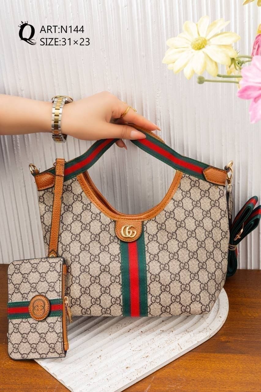 Striped Patterned Shoulder Bag – N144 (Beige / Orange)