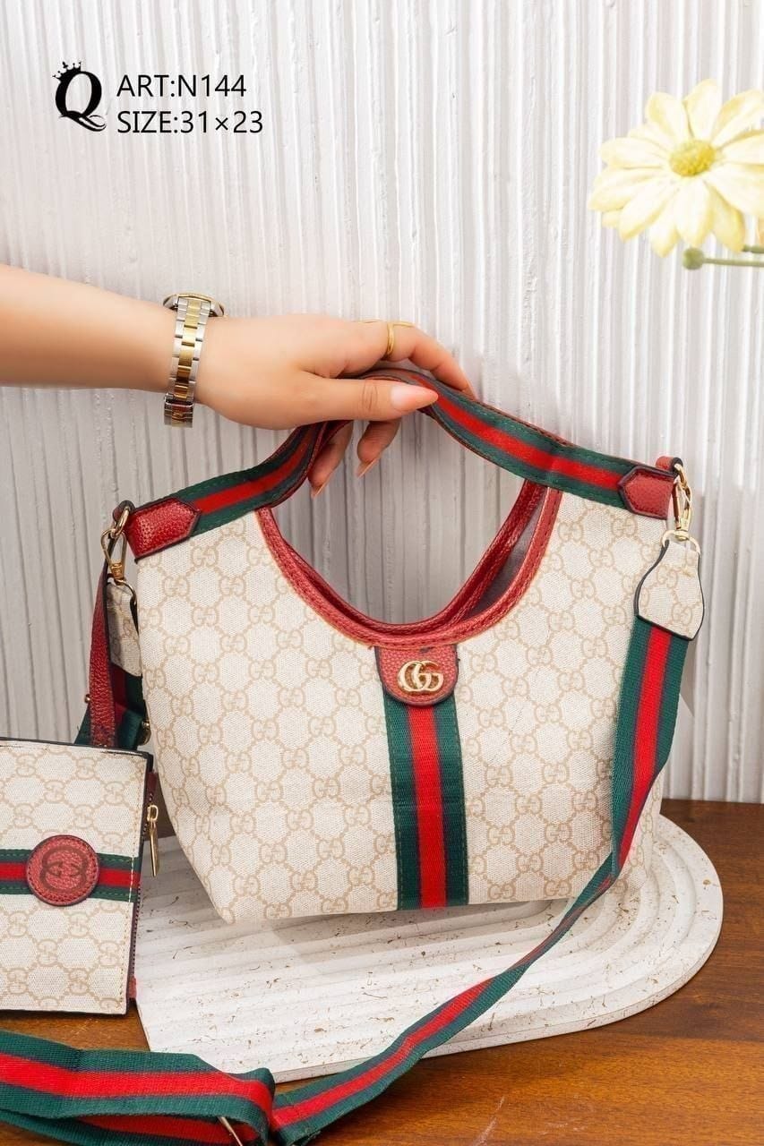 Striped Patterned Shoulder Bag – N144 (Cream / Red)