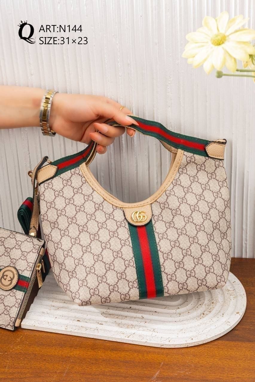 Striped Patterned Shoulder Bag – N144 (Beige / Cream)