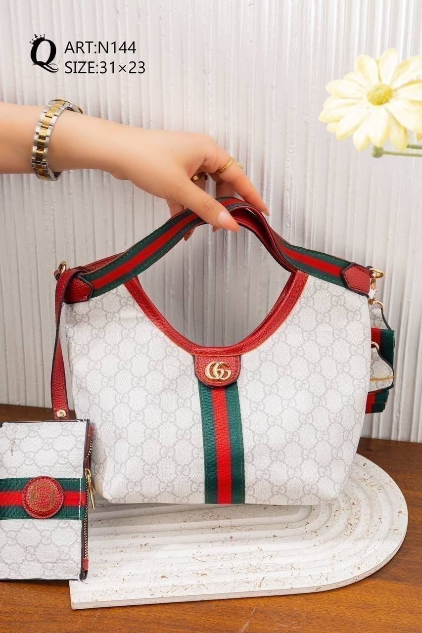 Striped Patterned Shoulder Bag – N144 (White / Red)