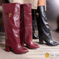 S1344 burgundy and black mid-calf boots with pointed toes and block heels