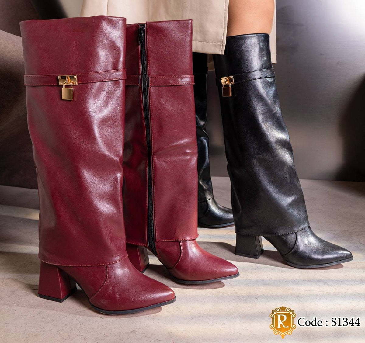 S1344 burgundy and black mid-calf boots with pointed toes and block heels