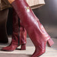 S1344 burgundy mid-calf heeled boots with gold padlock buckle, side view