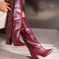 S1344 burgundy heeled boots with zipper and gold lock-detail strap
