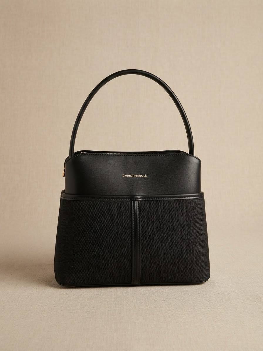 BAG_11 — Black textured panel handbag front (Black)