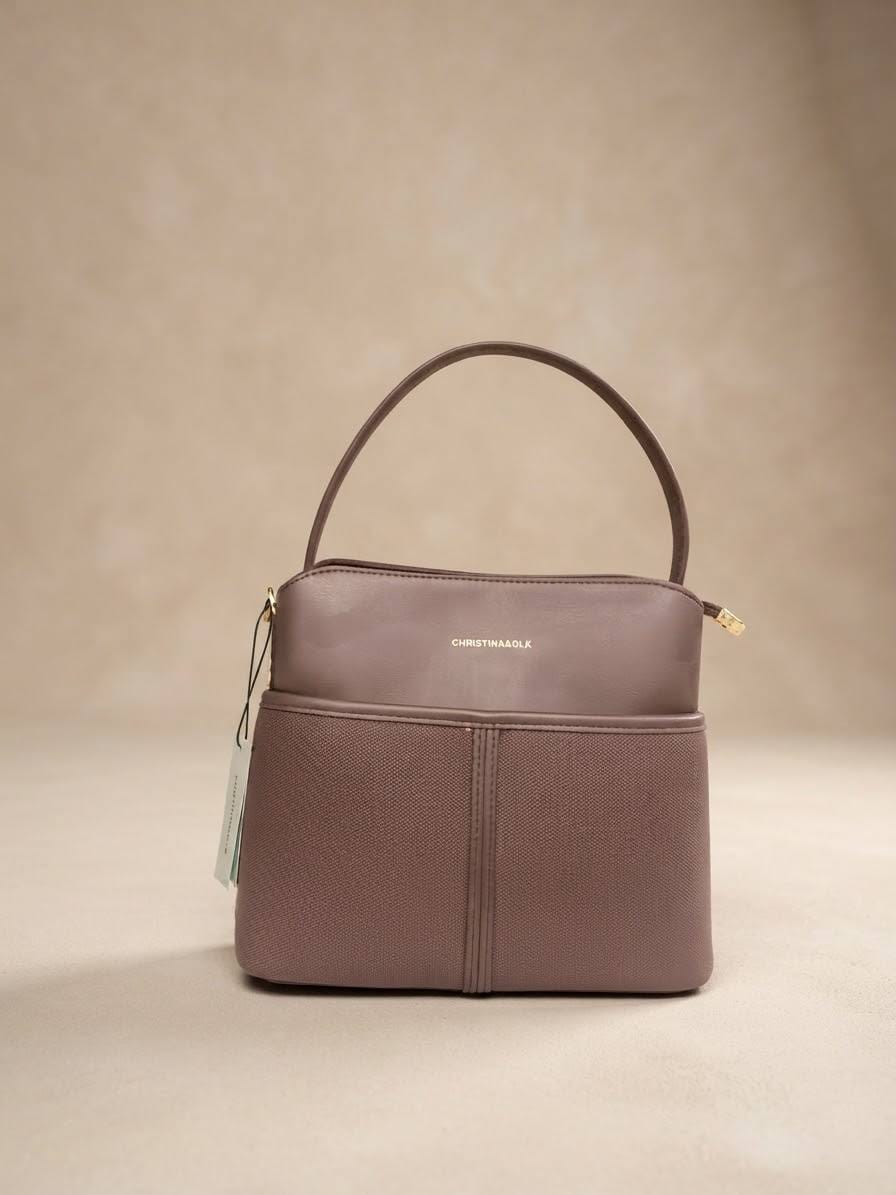 BAG_11 — Taupe textured panel handbag front (Taupe)