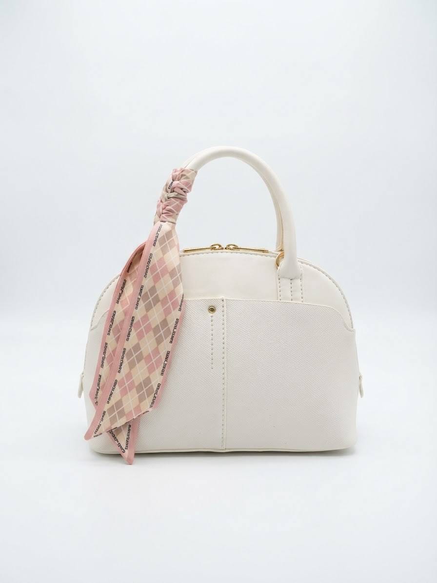 BAG_2 — White scarf-detail dome handbag front (White)