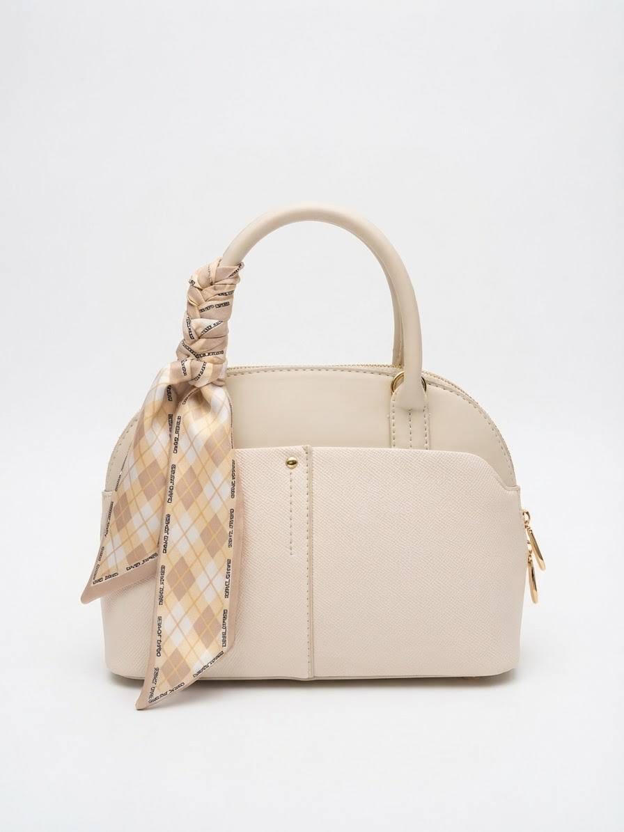 BAG_2 — Cream scarf-detail dome handbag front (Cream)