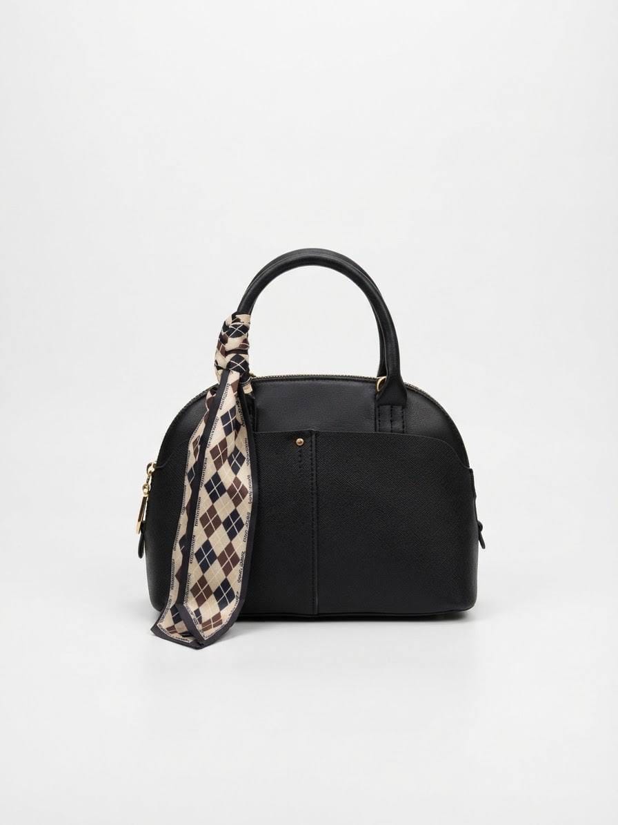 BAG_2 — Black scarf-detail dome handbag front (Black)