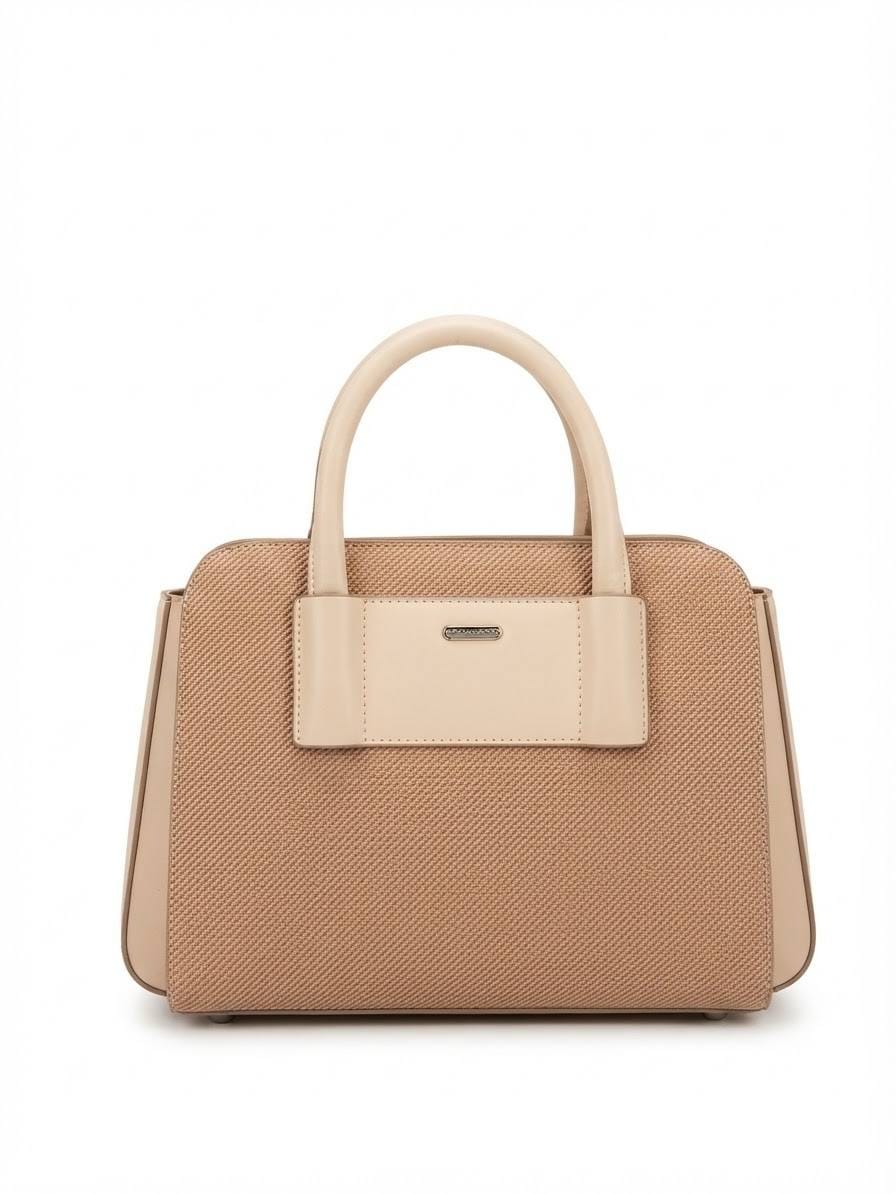 BAG_4 — Tan and Beige textured panel handbag front (Tan and Beige)